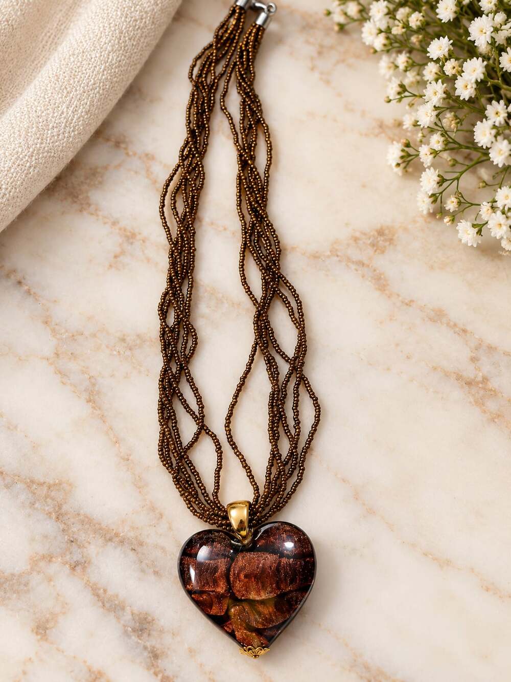 Art Glass Vintage  Heart Necklace Brown Multi Beaded Pendant